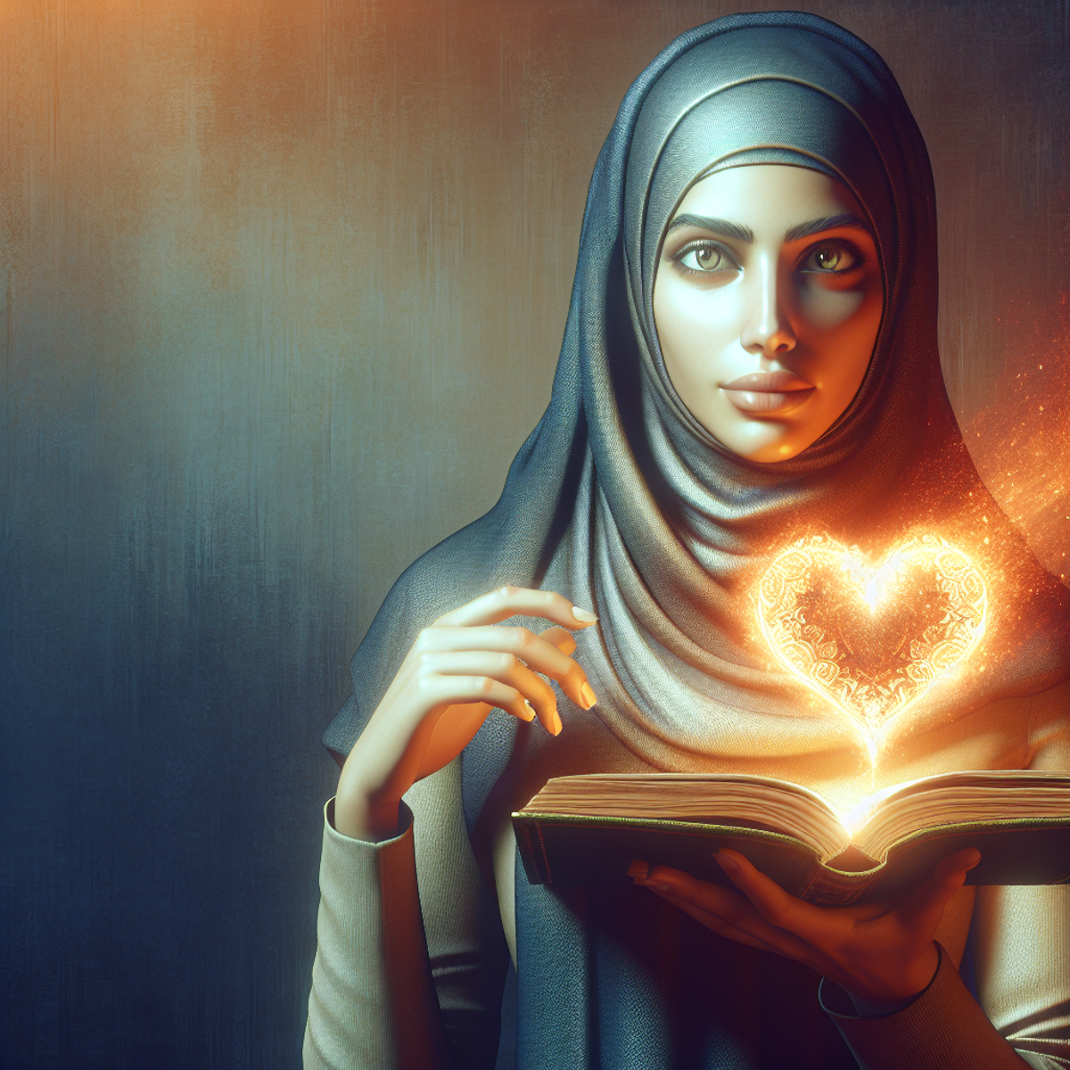 Middle-Eastern woman holding an open book with glowing heart emanating alt text