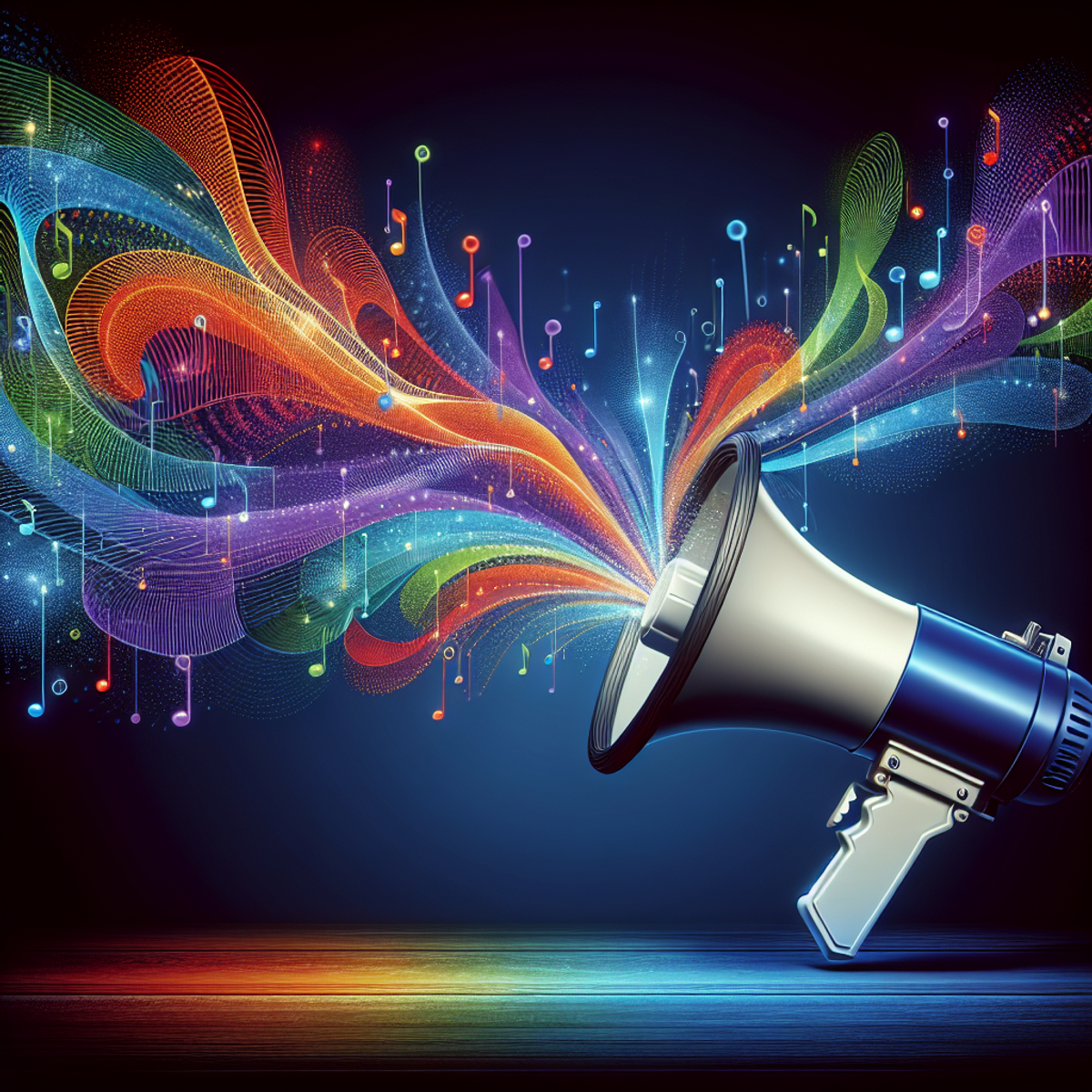 A megaphone with multicolored sound waves radiating from it.