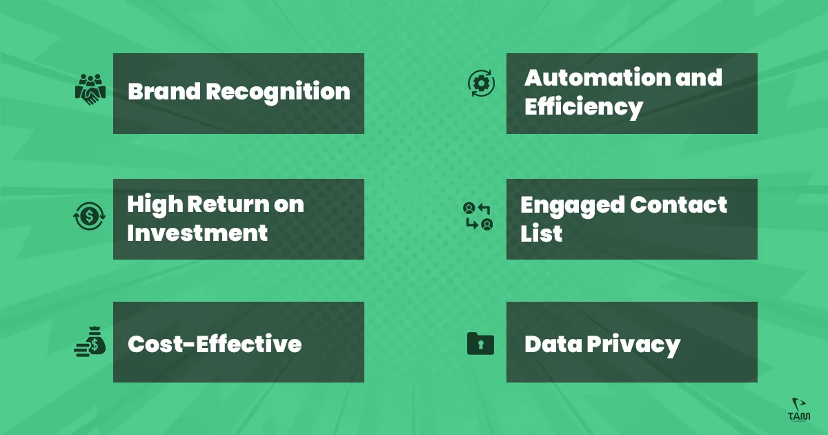 Benefits of Email Marketing /Brand Recognition  /High Return on Investment /Engaged Contact List  /Automation and Efficiency /Cost-Effective /Data Privacy